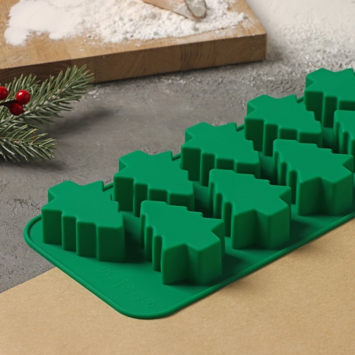 Форма для выпечки новогодняя Доляна «Ёлочка», силикон, 32,5×11,5 см, 12 ячеек, цвет зелёный Форма для выпечки новогодняя Доляна «Ёлочка», силикон, 32,5×11,5 см, 12 ячеек, цвет зелёный