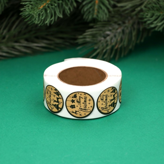 Новый год. Наклейки новогодние в рулоне "Merry Christmas", 500 шт, 2,5 х 2,5 см.