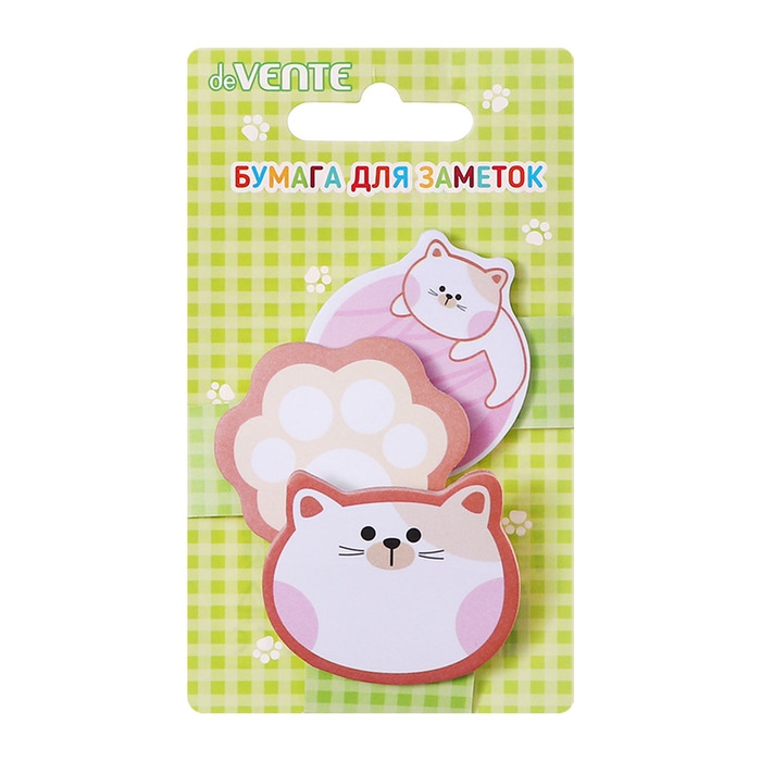 Набор клейкой бумаги для заметок "deVENTE. Kitty" 45x45 мм, 3x20 листов, офсет 80 г/м&sup2;, печать 4+0, ассорти форм, 3 дизайна, в картонном блистере и пластиковом пакете с европодвесом