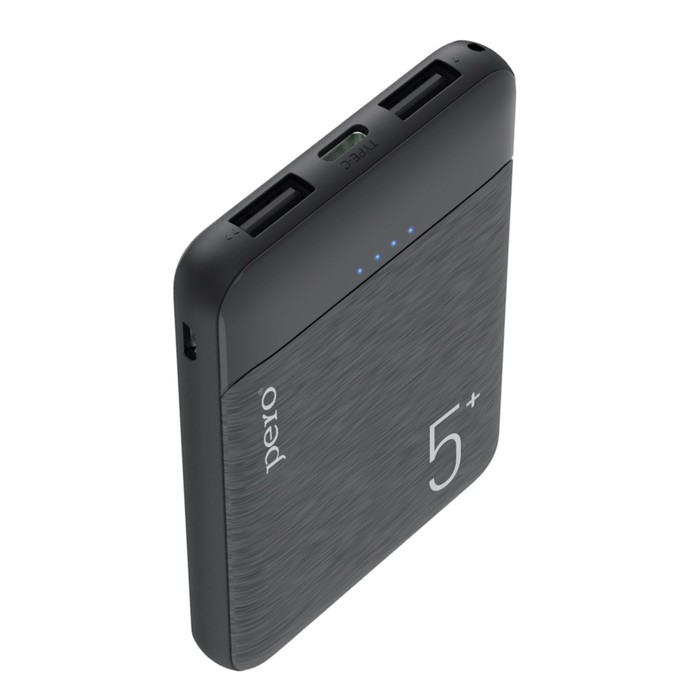 Внешний аккумулятор PERO PB01, 5000 мАч, 2 USB, 2.1 А, индикатор, черный