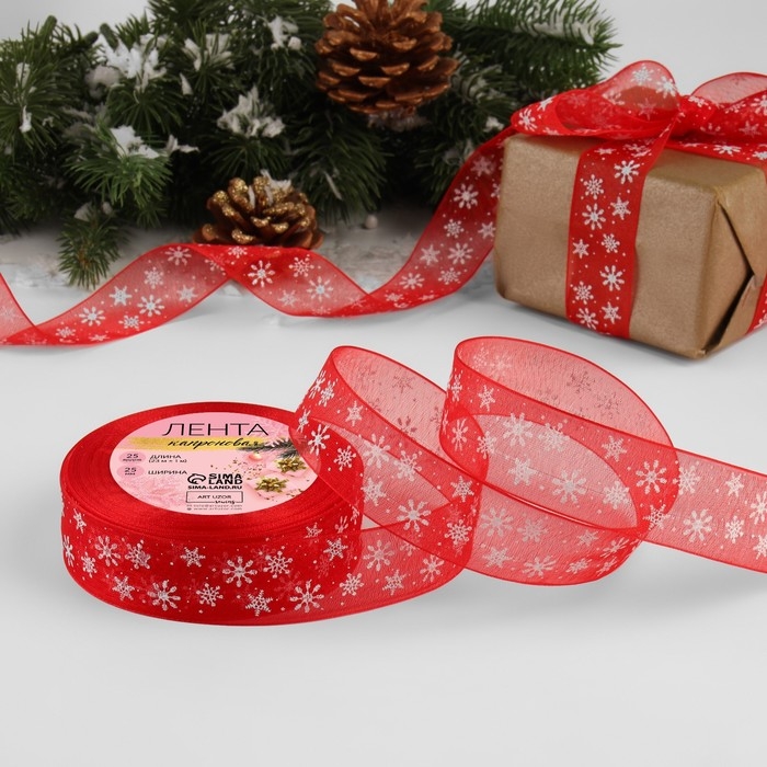 Новый год! Лента капроновая &laquo;Снежинки&raquo;, 25 мм &times; 23 &plusmn; 1 м, цвет красный/белый