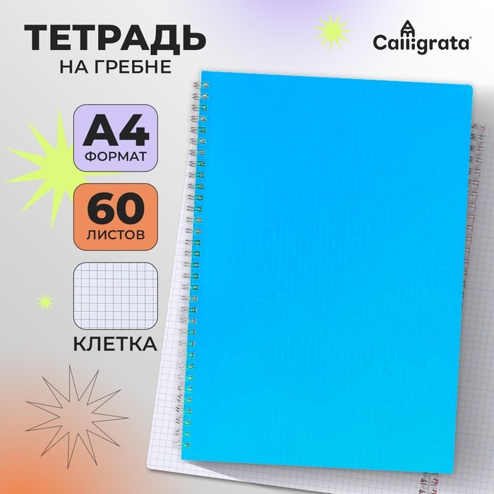 Тетрадь на гребне A4 60 листов в клетку Calligrata Голубая, пластиковая обложка, блок офсет Тетрадь на гребне A4 60 листов в клетку Calligrata Голубая, пластиковая обложка, блок офсет