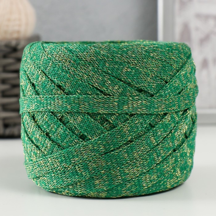 Трикотажная пряжа "Риббон" с люрексом 85м/170&plusmn;5 гр (Нефрит, люрекс: Золото)