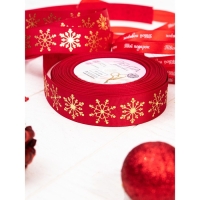 Лента репсовая с тиснением &laquo;Снежинки&raquo;, 25 мм, 23 &plusmn; 1 м, цвет красный/золотой №1133