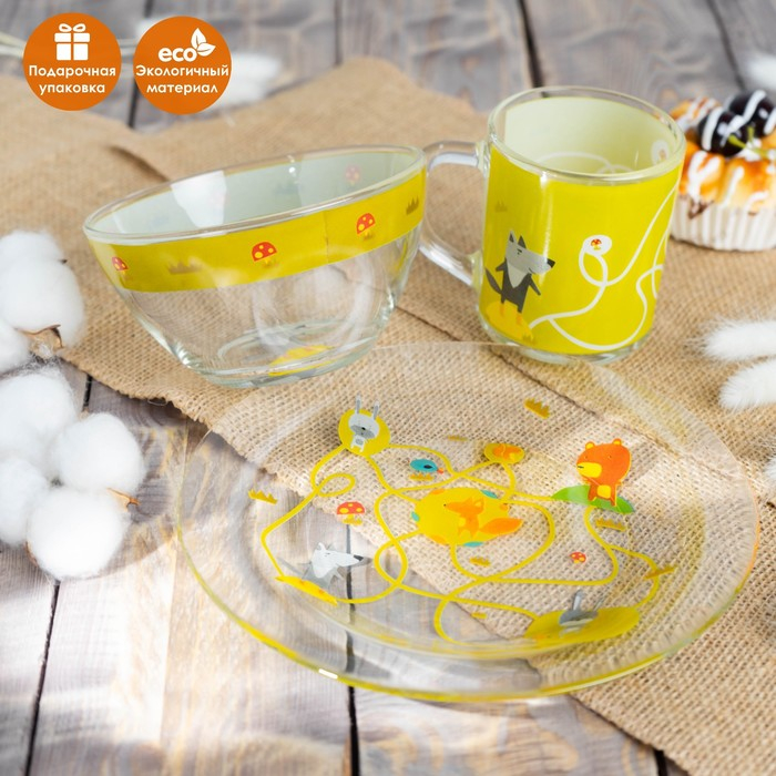 Набор детской посуды Доляна &laquo;Лесные забавы&raquo;, 3 предмета: миска 450 мл, тарелка d=20 см, кружка 200 мл