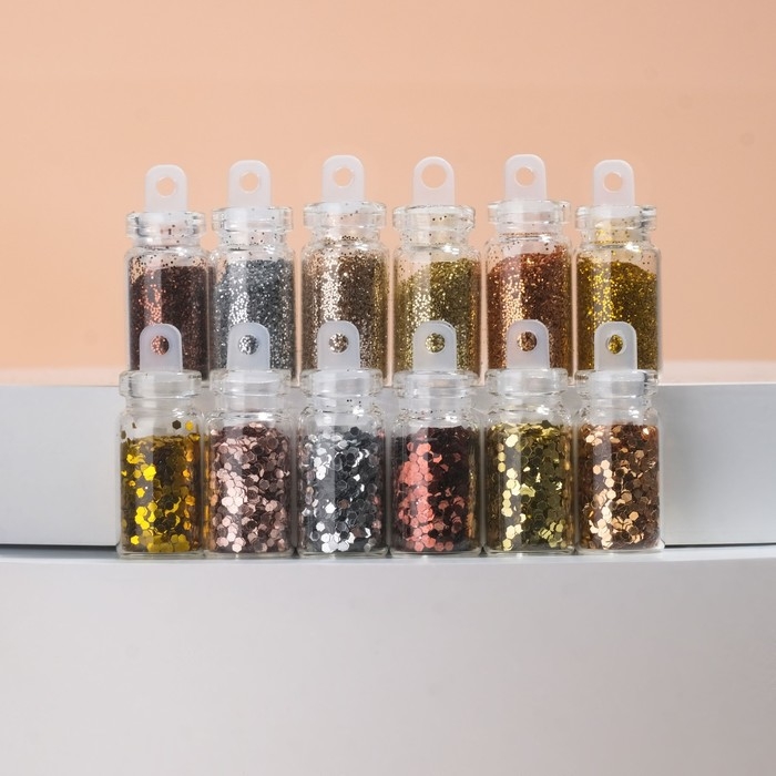 Блёстки для декора ногтей «Шампанское», средние/мелкие, 12 бутылочек Блёстки для декора ногтей «Шампанское», средние/мелкие, 12 бутылочек