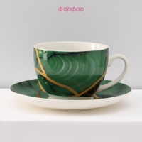 Сервиз фарфоровый чайный Доляна &laquo;Малахитовая шкатулка&raquo;, 12 предметов: 6 чашек 250 мл, 6 блюдец d=15 см, цвет зелёный