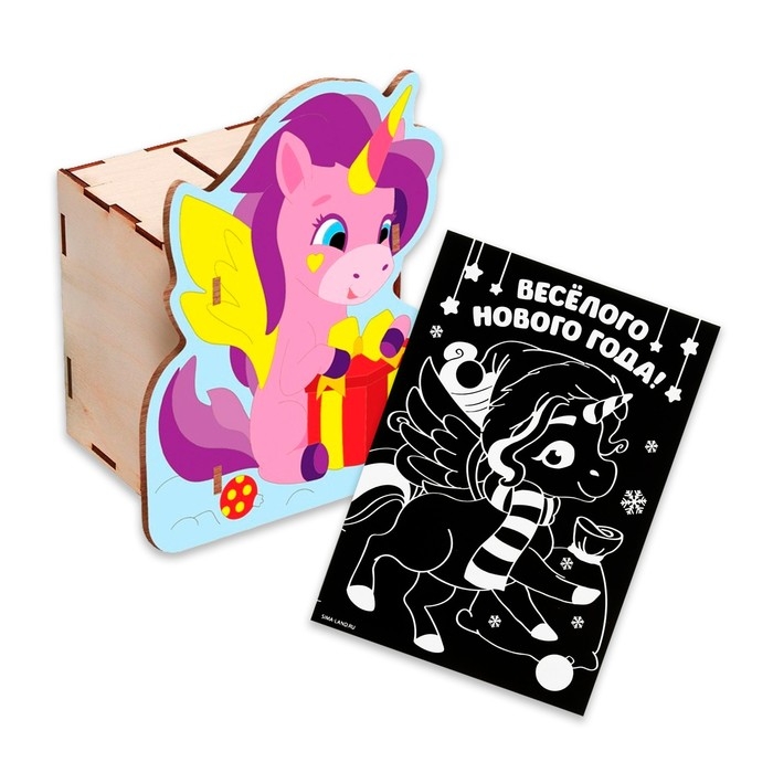 Роспись копилки и гравюра на новый год &laquo;Единорог и подарки&raquo;, новогодний набор для творчества
