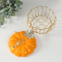 Шкатулка металл, керамика "Тыква с листочком" оранжевая с золотом 14х14х13 см