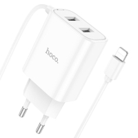 Сетевое зарядное устройство Hoco C103A, 2 USB, 2.1 А, встроенный кабель Lightning, 1 м,белое Сетевое зарядное устройство Hoco C103A, 2 USB, 2.1 А, встроенный кабель Lightning, 1 м,белое