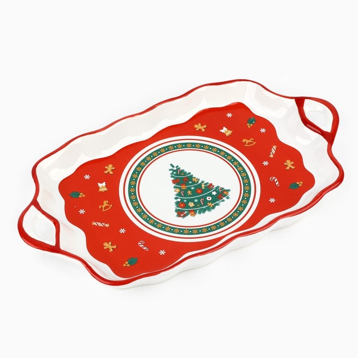 Новый год! Блюдо новогоднее керамическое &laquo;Пряничные человечки&raquo;, 23х13х2.5 см, цвет белый