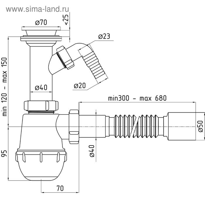 Сифон для мойки Сифон для мойки "АНИ Пласт" Грот A2010, 1 1/2" х 40 мм, с отводом, с гофротрубой 40 x 50 мм