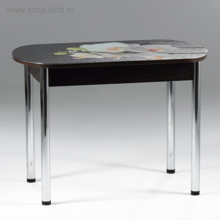 Стол раздвижной с фп Орхидея белая, 1100/1500х700х777, стекло/пояс венге/ноги хром прямые