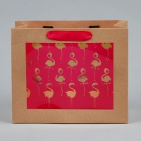 Пакет подарочный крафтовый с пластиковым окном, упаковка, &laquo;Фламинго&raquo;, 24 х 20 х 11см