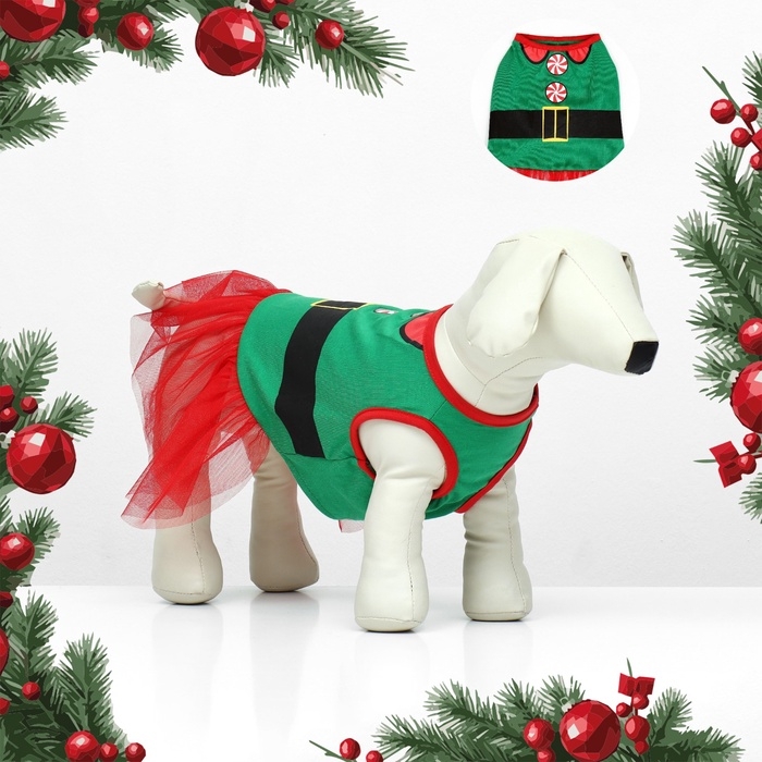 Костюм для животных Костюм для животных "Эльфийка", размер S (ДС 27, ОГ 38, ОШ 25 см), красно-зелёный