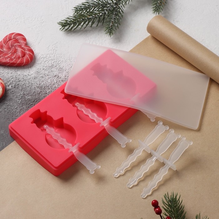 Форма для мороженого новогодняя Доляна &laquo;Снеговик&raquo;, силикон, 18&times;9&times;2 см, 3 ячейки, с палочками, цвет красный