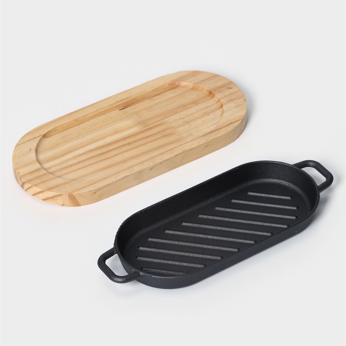 Сковорода на деревянной подставке &laquo;Овал гриль&raquo;, с ручками 26&times;10&times;2,5 см