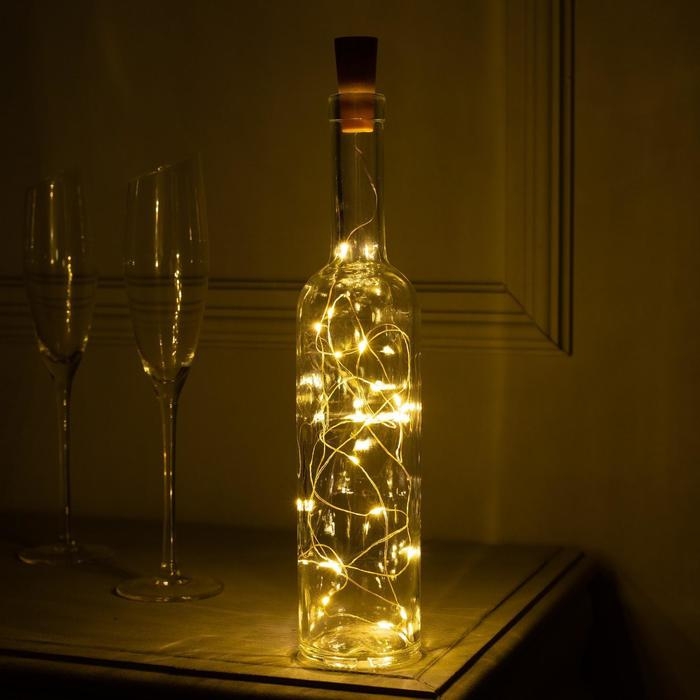 Гирлянда «Нить» 2 м роса с пробкой, IP20, серебристая нить, 20 LED, батарейки LR44х3 (в комплекте), свечение тёплое белое Гирлянда «Нить» 2 м роса с пробкой, IP20, серебристая нить, 20 LED, батарейки LR44х3 (в комплекте), свечение тёплое белое