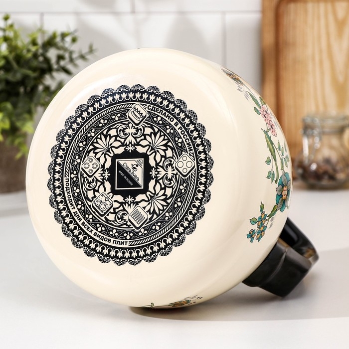 Чайник со свистком &laquo;Луговые цветы&raquo;, 3 л, фиксированная ручка, цвет бежевый, индукция