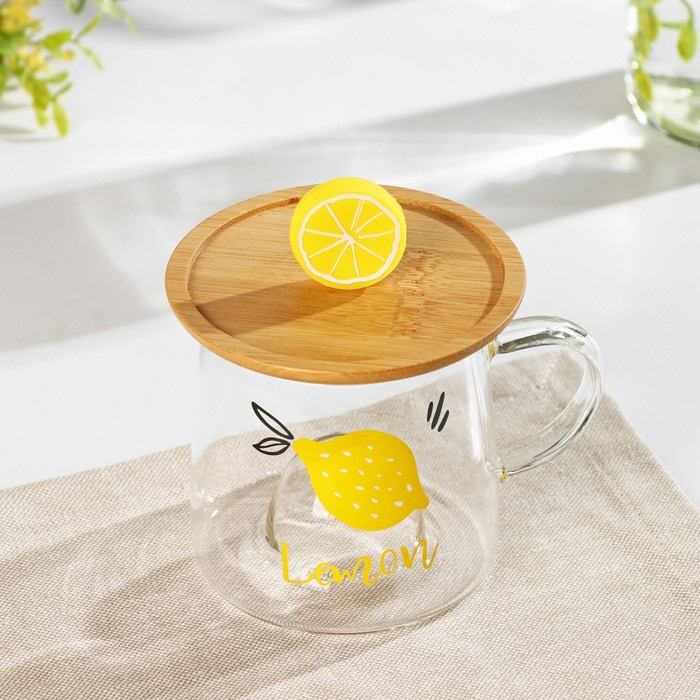 Кружка стеклянная с деревянной крышкой &laquo;Лимончик&raquo;, 350 мл