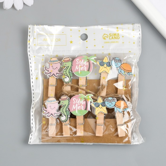 Декор для творчества дерево Декор для творчества дерево "Прищепка. Морские животные в отпуске" набор 10 шт 4х2х1,2 см