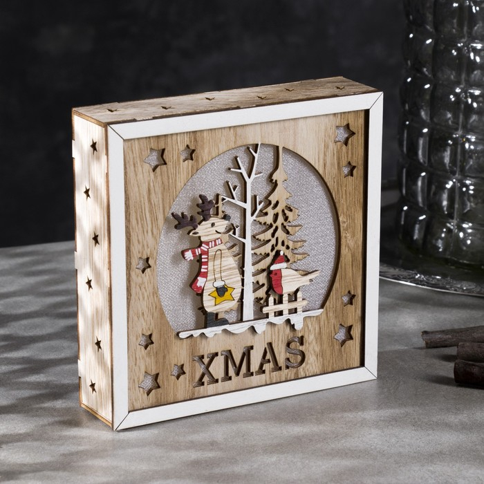 Светодиодная фигура &laquo;Олень и снегирь&raquo; 15 &times; 15 &times; 4 см, дерево, батарейки АААх2 (не в комплекте), свечение тёплое белое