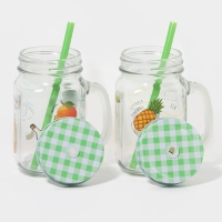 Набор кружек стеклянных Доляна &laquo;Летняя прохлада&raquo;, 2 предмета: 2 кружки с крышками и трубочками 450 мл