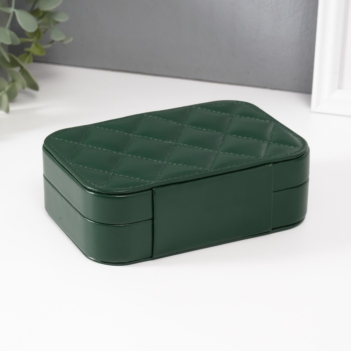 Шкатулка кожзам для украшений "Стёганная. Ромбы" тёмно-зелёная 11х16х5 см