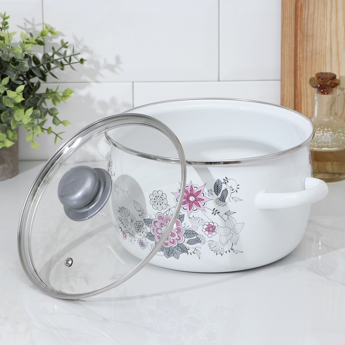 Кастрюля эмалированная «Весенний романс», 4 л, стеклянная крышка, индукция Кастрюля эмалированная «Весенний романс», 4 л, стеклянная крышка, индукция