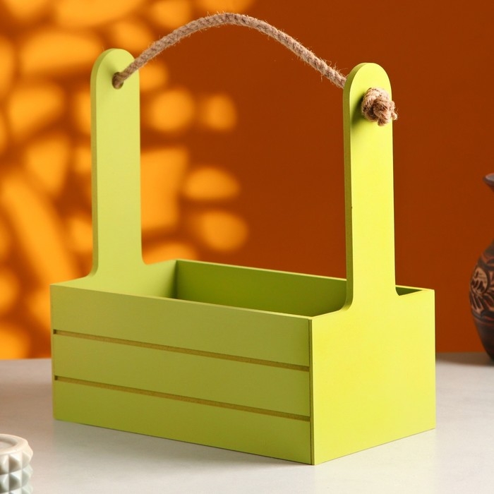 Кашпо деревянное 25.5&times;15&times;30 см "Аром", ручка канат, Фисташковый