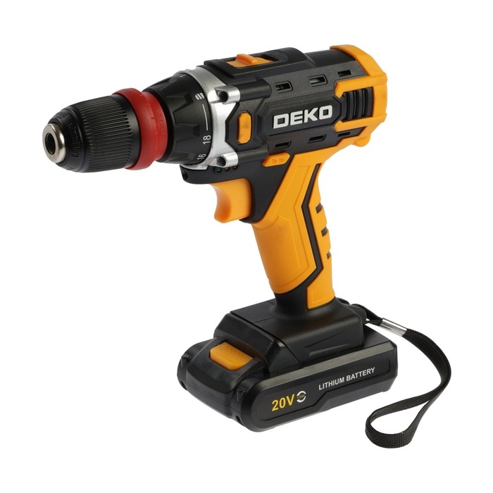 Дрель-шуруповерт DEKO DKCD20FU-Li, со съемным патроном, 20 В, 1.5 Ач, 42 Нм, 2 скорости Дрель-шуруповерт DEKO DKCD20FU-Li, со съемным патроном, 20 В, 1.5 Ач, 42 Нм, 2 скорости