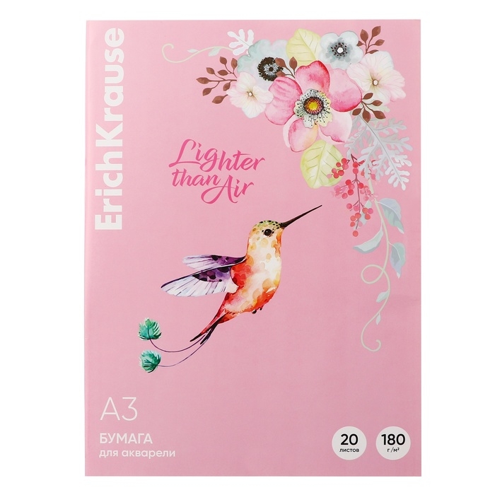 Бумага для акварели А3, 20 листов, ErichKrause Бумага для акварели А3, 20 листов, ErichKrause "Колибри", блок 180 г/м², 100% белизна, картонная папка