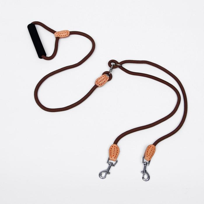 Поводок 8 мм со своркой на 2 собак, полиэстер и натуральная кожа, 73 + 2х57 см, коричневый