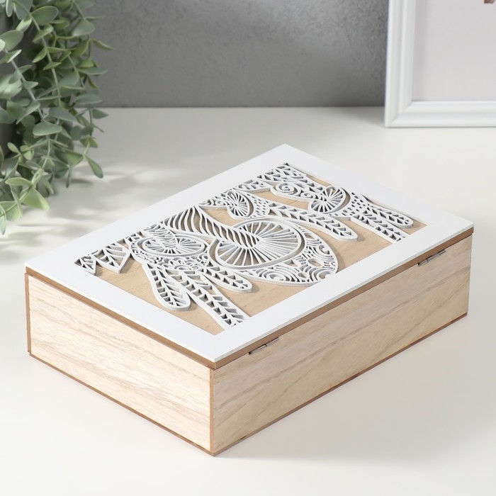 Шкатулка дерево 6 делений "Грибы" бежево-белая 17х24х7 см