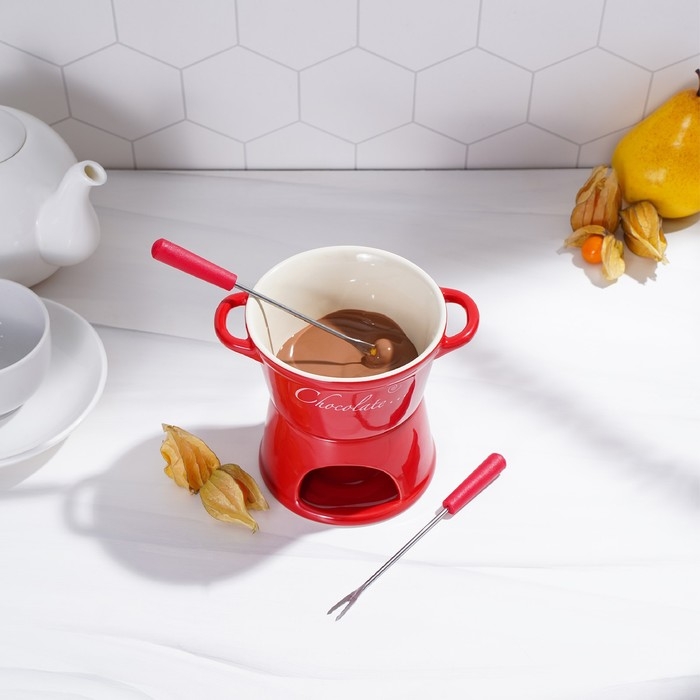 Набор керамический для фондю &laquo;Лакомка&raquo;, 300 мл, 2 шпажки, цвет красный
