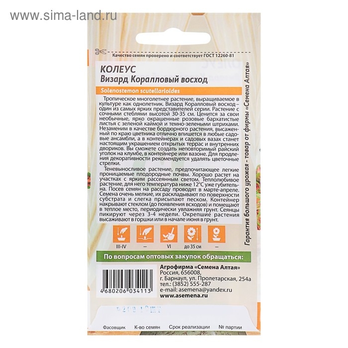 Семена комнатных цветов Колеус "Коралловый Восход", 5 шт