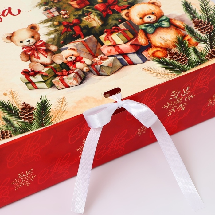 Новый год. Коробка подарочная новогодняя складная, упаковка, &laquo;Ёлка и медведь&raquo;, 31 &times; 24,5 &times; 8 см .