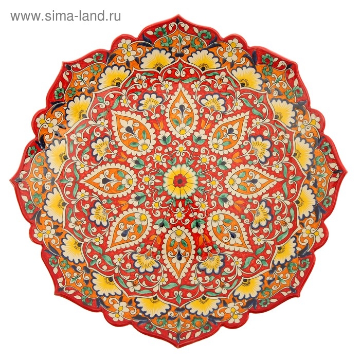Ляган Риштанская Керамика "Цветы", 40 см, красный микс, рифлённый
