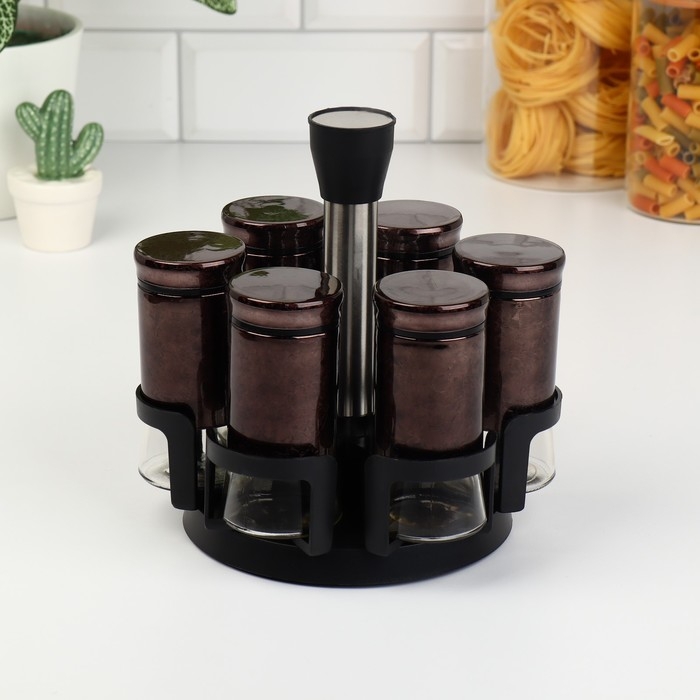 Набор стеклянных ёмкостей для специй на металлической подставке &laquo;Богема&raquo;, 5,5&times;11 см, 6 шт, цвет коричневый