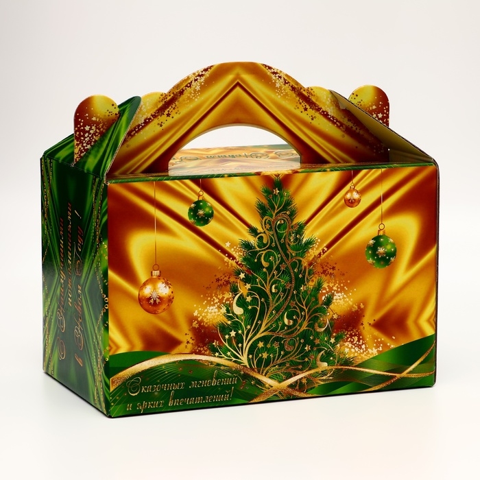 Подарочная коробка "Праздничный шелк взеленом" новогодняя Чемоданчик средний 20 x 12 x 19 см 1065302