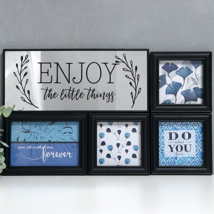 Фоторамка на 4 фото 10х10, 10х15 см+зеркало Фоторамка на 4 фото 10х10, 10х15 см+зеркало "Наслаждайся мелочами" чёрная н-р 5 шт 26х44 см