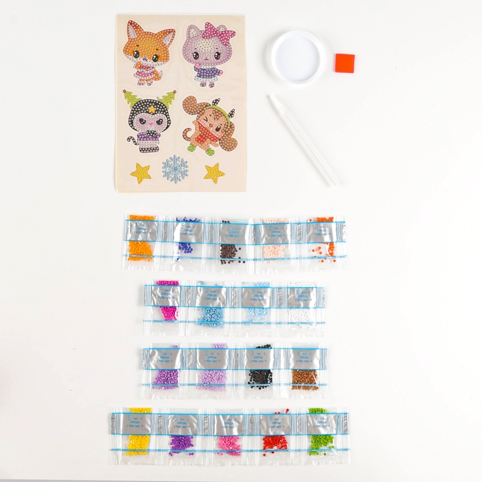 Алмазная мозаика - стикер на новый год для детей с частичным заполнением &laquo;Милые зверюшки&raquo;, новогодний набор для творчества
