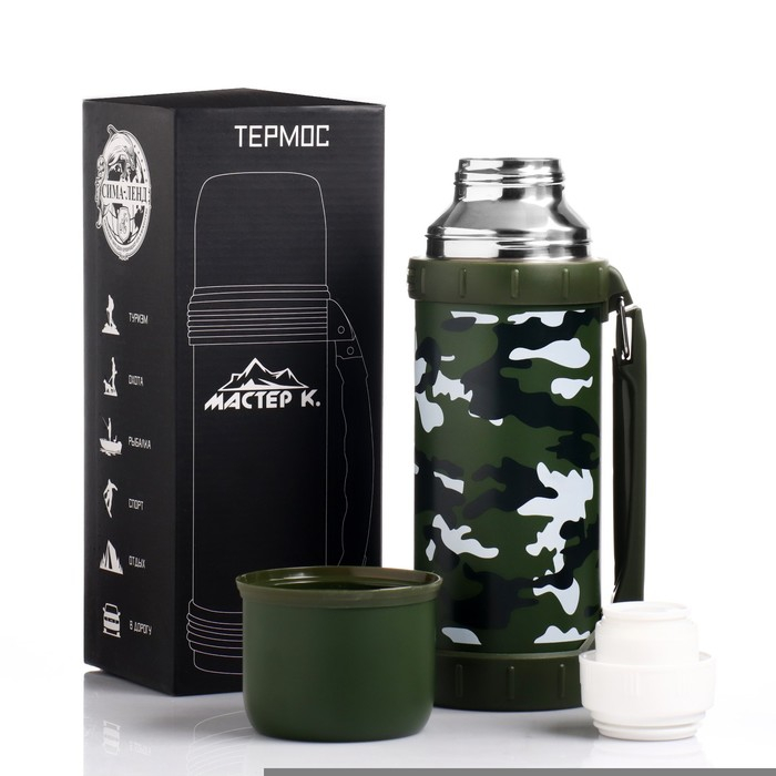 Термос, 1.2 л, Движение Термос, 1.2 л, Движение "Мастер К. Камуфляж", с кружкой, сохраняет тепло 18 ч, 11 х 29 см
