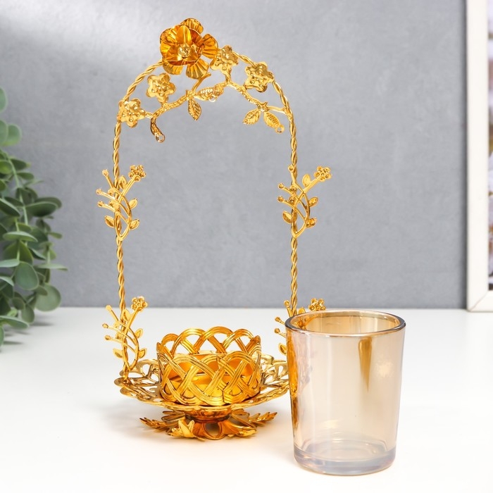 Подсвечник металл, стекло на 1 свечу Подсвечник металл, стекло на 1 свечу "Цветочная арка" d-5 см, золото 9,5х11х20 см