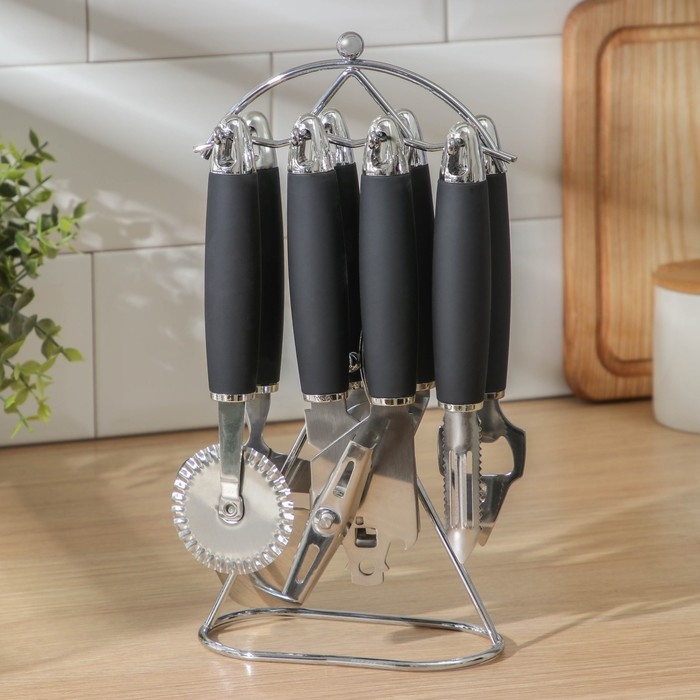 Набор кухонных инструментов &laquo;Реми&raquo;, 6 предметов, на подставке, цвет чёрный