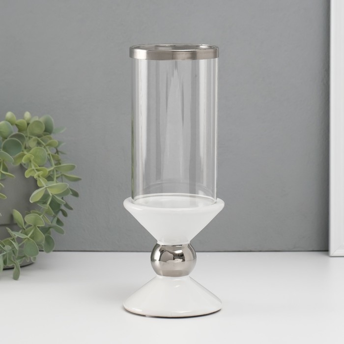 Подсвечник керамика, стекло на 1 свечу Подсвечник керамика, стекло на 1 свечу "Параллели" d=7,5 см белый с серебром 9,5х9,5х24 см