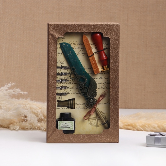 Набор подарочный 5в1 "Стимпанк": перьевая ручка бирюза, чернила, наконечники, печать, воск