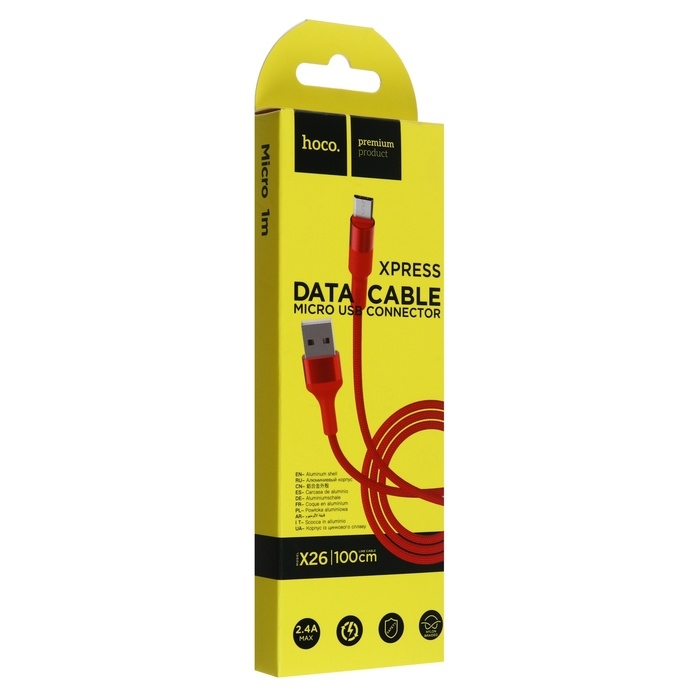 Кабель Hoco X26, Micro USB - USB, 2 А, 1 м, передача данных, оплётка нейлон, красный Кабель Hoco X26, Micro USB - USB, 2 А, 1 м, передача данных, оплётка нейлон, красный