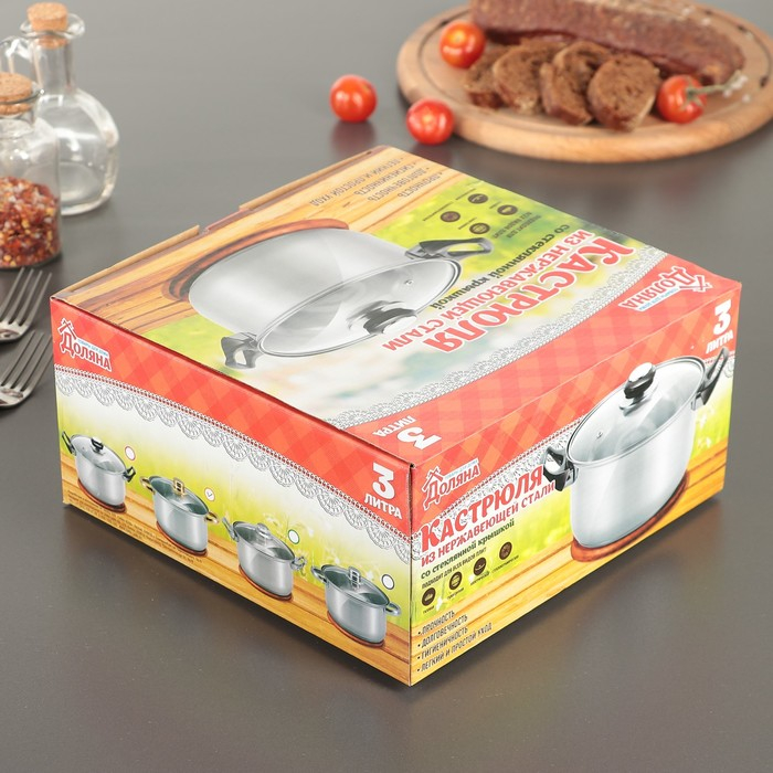 Кастрюля из нержавеющей стали с крышкой Доляна &laquo;Роскошь&raquo;, 3 л, d=20 см