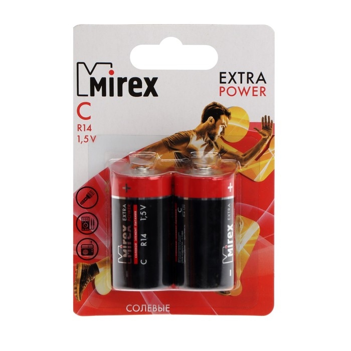 Батарейка солевая Mirex, C, R14-2BL, 1.5В, блистер, 2 шт. Батарейка солевая Mirex, C, R14-2BL, 1.5В, блистер, 2 шт.